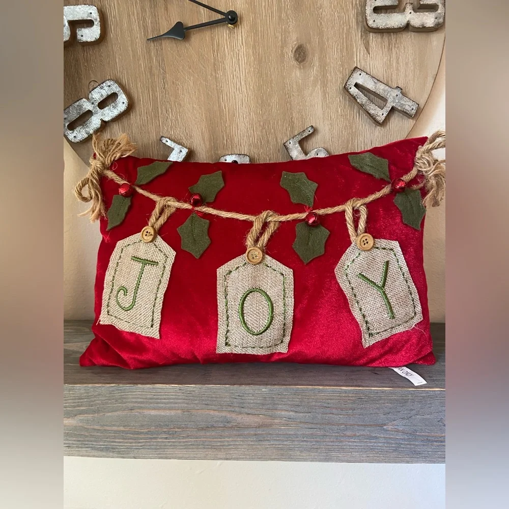 Vintage MCM Merry Joy Christmas Velvet Pillow Holiday Primitive Country Rustic